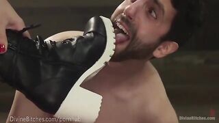 The strong and sexy dominatrix beats and dominates her slaveboy