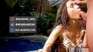 The pretty woman has sex with a man with a big dick in the pool