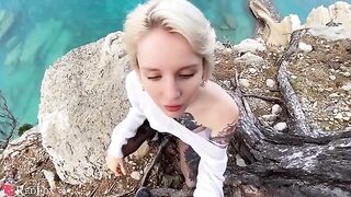 The cute girlfriend passionately sucks dick on the beach