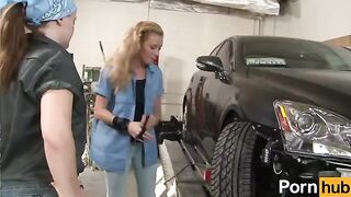 The sexy lesbians are working in the garage and getting naughty