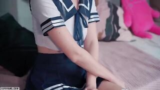 Schoolgirl was fucked and got her face covered with cum