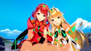 Xenoblade: threesome with Pyra and Mythra in 3D hentai action