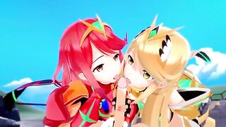 Xenoblade: threesome with Pyra and Mythra in 3D hentai action