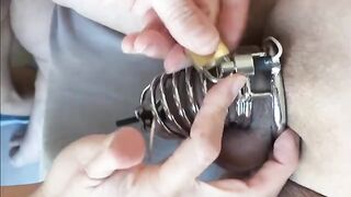 Femdom milking with chastity e-stim and a huge load of cum