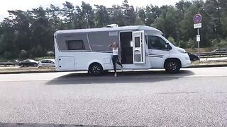 Public sex in wet look leggings on the A1, cum on my face