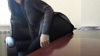 Mini Diva caressed herself in pantyhose in the office risking to be caught