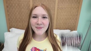 Redhead with freckles and bright red pubic hair has sex on cam