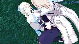 Aether and Futa Lumine are having fun in the meadow at night - Genshin Impact Hentai