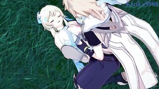 Aether and Futa Lumine are having fun in the meadow at night - Genshin Impact Hentai