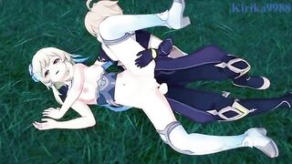 Aether and Futa Lumine are having fun in the meadow at night - Genshin Impact Hentai