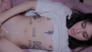 A pretty girl with a beautiful face gets cum on her pink pussy