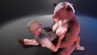 Furry cow feeds the ranger man milk