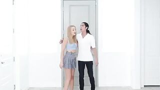 Skinny blonde gets fucked in the kitchen in a passionate scene