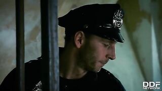 Hot blonde hooker Rosella Visconti gets fucked by two guys in a police station scene