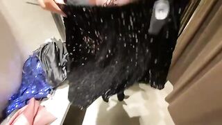 The choice of outfit in the fitting room ends with a big cumshot on tits