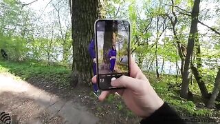 A cum shot in the mouth of a girl in the public garden