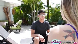 The stepsister gets a little bit of cum on her face to hide it