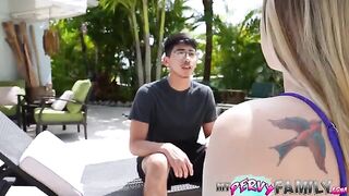 The stepsister gets a little bit of cum on her face to hide it