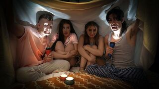 Naughty boys tell a spooky story to scare Penelope and Aubrey, then fuck them