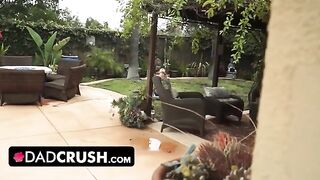 Fit brunette lets her stepdad play with her panties and finger her by the pool