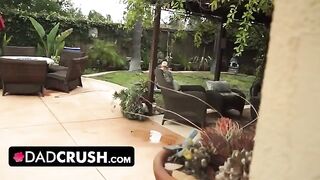 Fit brunette lets her stepdad play with her panties and finger her by the pool
