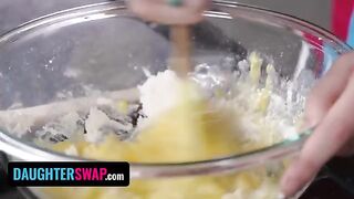 Two step-daughters share a pie while getting intimate in the kitchen