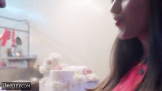 The appetizing girl is participating in a baking competition with Alyx Star