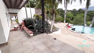 Girl fucks with her boyfriend and his stepsister in the pool