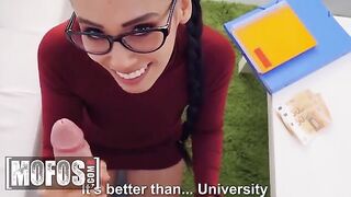 Andreina DeLuxe smokes and studies her tits and ass with Jordi for cash