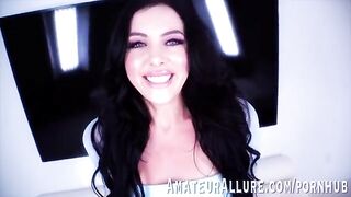 Theodora Day, a hot brunette with blue eyes, skillfully handles cock sucking and riding