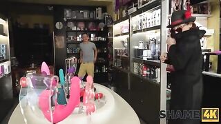Mature woman gets addicted to big toys after visiting a sex shop