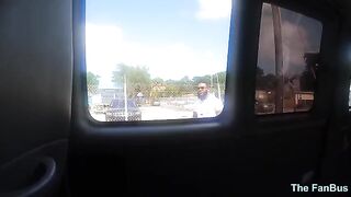 Queen Rogue rides huge cock on the fan bus