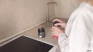 Appetizing woman has sex with her boyfriend in the kitchen for money