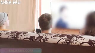The husband almost caught a girl making love with her lover on the couch