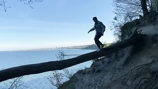A Chihuahua makes a potty walk around Gdynia Orłowo