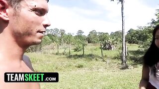 A worker got fucked by gorgeous ebony babe Adrian Maya in the garden