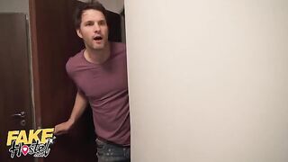Two sexy babes crashed in a fake hostel, starting wild threesome sex