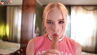 A man fucked a young beauty through a hole in her jeans and finished with cum in her mouth