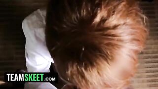 Ginger housekeeper Abbey Rain gets dropped to her knees and dominated