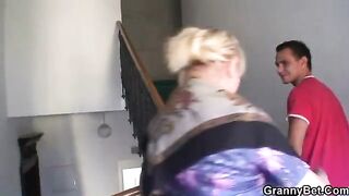 Freckles old lady with huge boobs rides a strong dick