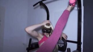 Fit teen gets her pussy and ass smashed by two cocks in the gym