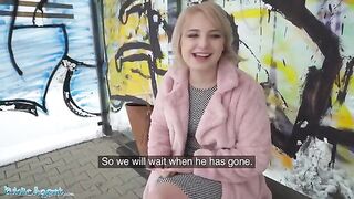 Short hair blonde picked up by agent at the bus stop