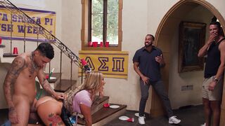 Hot busty housekeeper gets fucked by college frat in intense scene