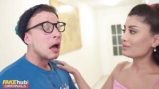 Hot British Indian model licks the cum off dork's glasses after he cum on his face