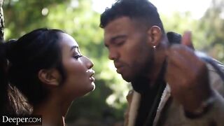 The guy is fucking two girls in an intense threesome scene