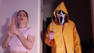 The couple has sex while a scary movie is playing in the background