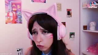 Gamer girl cosplay Dva Overwatch, riding dildo and giving a blowjob