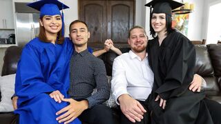 Step daddy educating his step daughters Hazel Heart and Remi Jones in sex