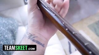 Two step sisters take turns riding their boyfriend's cock