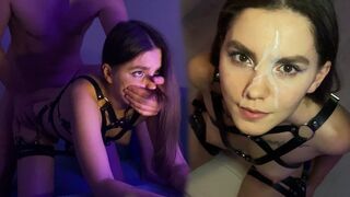 Hot brunette in a harness, sucking and jumping on my dick - look at her pretty cum face